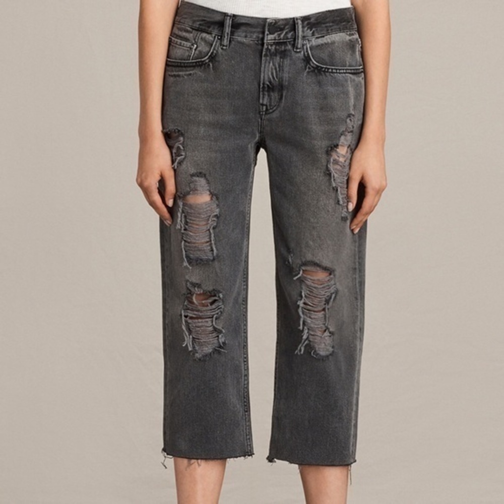 All Saints Ladies Ivy Destroyed Boys Cut Cropped Jeans Gray Size 26 GUC